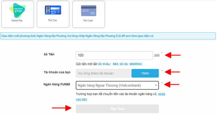 Hướng dẫn Nạp tiền Fun88 đơn giản dễ hiểu nhất hiện nay Form nạp tiền Fun88 với các trường thông tin cần điền